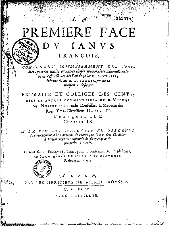 La première face du Janus François, Jean Aimes de Chavigny, 1594